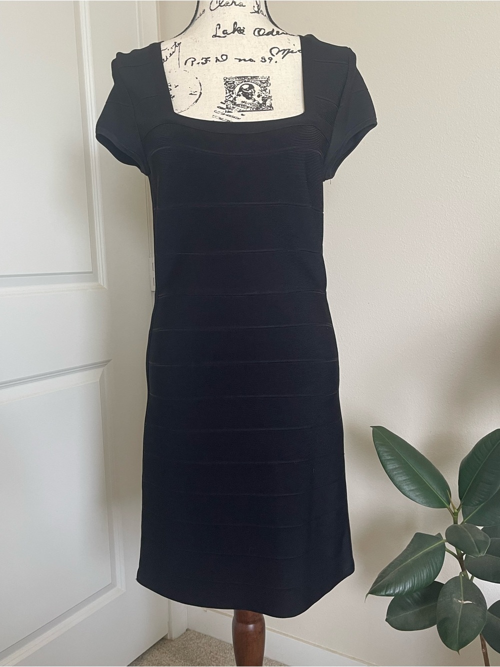 Black Square-Neck Cap Sleeve Mini Dress